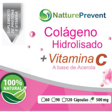 Colágeno Hidrolisado + Vitamina C 500mg 60 / 90 / 120 Cápsulas - suplemento alimentar natural