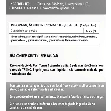 Arginina + Citrulina 500mg 60 / 90 / 120 Cápsulas - Suplemento Alimentar Natural