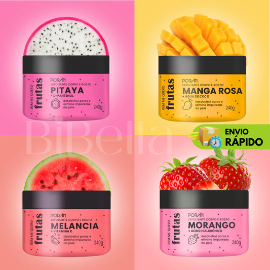 Esfoliante Corporal e Facial Cheiro de Fruta Porán 240g - Corpo e Rosto - Melancia - Pitaya - Manga Rosa - Rosa Mosqueta